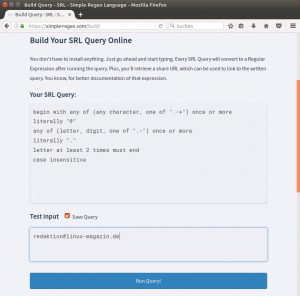 Abbildung 1: Hier pr&uuml;ft die SRL-Homepage mit dem angegebenen SRL-Ausdruck, ob <code>redaktion@linux-magazin.de</code> eine g&uuml;ltige E-Mail-Adresse ist. Das Ergebnis &hellip; 