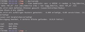 Abbildung 3: Ein <code>badblocks</code>-Lauf auf der Suche nach Datentr&auml;gerdefekten oder -manipulationen. Das <code>time</code>-Kommando misst die Zeit. 