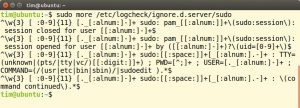 Abbildung 4: Logcheck verwirft in der Filterstufe <code>Server</code> unter anderem alle Ereignisse, die diesen regulären Ausdrücken in der Datei <code>/etc/logcheck/ignore.d.server/sudo</code> entsprechen.