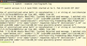 Abbildung 8: Swatchdog prüft hier aufgrund des Parameters <code>--examine</code> einmal die komplette Datei <code>/var/logs/auth.log</code>.