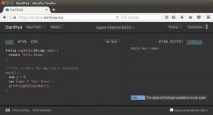 Abbildung 2: Dart-Skripte lassen sich unkompliziert im Dartpad ausprobieren. Rechts unten zeigt es zum Beispiel die Hinweise des Compilers an. 