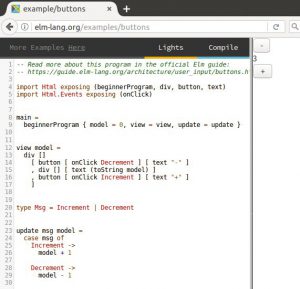 Abbildung 3: Elm bietet im Online-Editor einige vorgefertigte Beispiele. Das gew&auml;hlte namens <code>Button</code> erzeugt beispielsweise die zwei Schaltfl&auml;chen auf der rechten Seite, &uuml;ber die der Benutzer die Zahl ver&auml;ndern kann. 