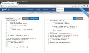 Abbildung 4: Im Playground-Editor stehen fertige Beispiele f&uuml;r Typescript parat. Hier demonstriert <code>Using Classes</code> den Umgang mit Klassen. 