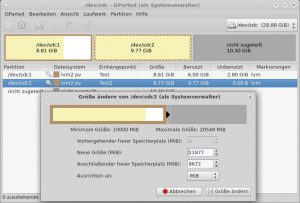 Abbildung 11: Die Größe von Volumes verändert der Systemverwalter in Gparted per Schieberegler.