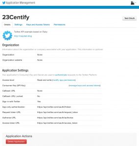 Abbildung 1: Auf diese Konfigurationsseite für eine Twitter-API-Anwendung trifft der Nutzer, wenn er sich registriert hat.