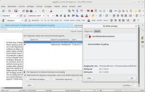 Abbildung 3: Linux-Anwender k&ouml;nnen ihre Writer-Dokumente jetzt mit dem eigenen Open-PGP-Schl&uuml;ssel signieren. Libre Office zeigt den Status in einem farbigen Balken an; der hellblaue Hintergrund im Bild weist auf eine g&uuml;ltige Signatur hin. 