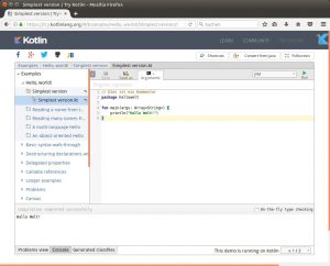 Abbildung 1: Die Testumgebung &ndash; auf der Kotlin-Homepage zu finden &ndash; h&auml;lt auf der linken Seite zahlreiche Beispielprogramme bereit. 