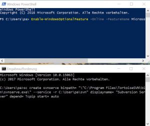 Abbildung 1: Leicht zu verwechseln: Oben ist die Powershell, unten die Eingabe-Aufforderung zu sehen.