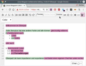 Abbildung 2: Etherpad Lite verwendet Javascript auf der Serverseite (in Node.js), bietet ein HTTP-API, ein Jquery-Plugin und jede Menge Clients in diversen Programmiersprachen. 