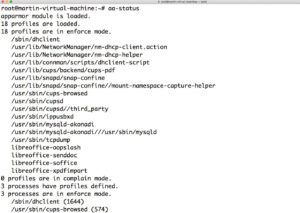 Abbildung 4: Der Befehl <code>aa-status</code> listet auf, welche App-Armor-Profile aktiv sind.