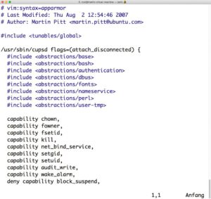 Abbildung 5: Das <code>cupsd</code>-Profil von Ubuntu 17.04 listet die Regeln in App Armor auf, denen Cups unterworfen ist.