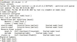 Abbildung 5: Nach der Konfiguration der Ressourcen in Pacemaker lassen sich per <code>crm_mon -1 -rf</code> alle Ressourcen anzeigen. 