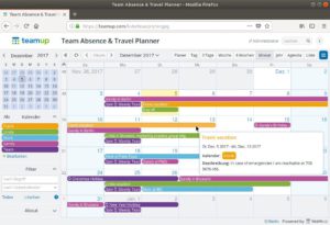 Abbildung 2: Teamup organisiert Gruppen, Ressourcen, Events, Projekte und vieles mehr. Unterkalender stellt die Webanwendung in unterschiedlichen Farben dar. 