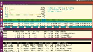 Abbildung 1: Die Kommandos »htop« (oben), »ps« (Mitte) und »top« (unten) listen diverse Prozessparameter auf.