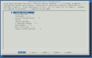 Abbildung 1: In der Menükonfiguration von Buildroot lassen sich Zielhardware, Systemeigenschaften, Anwendungen und Imageformat einfach anpassen.