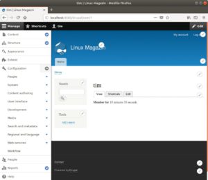 Abbildung 4: Drupal blendet nach der Anmeldung einfach ein passendes Menü ein (hier auf der linken Seite), über das Nutzer die Seiten verwalten.