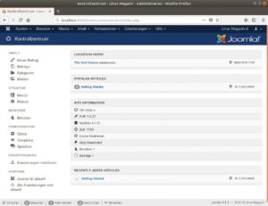 Abbildung 2: Das Backend von Joomla gibt nach dem Anmelden einen Überblick über die aktuelle Situation und bietet besonders häufig benötigte Funktionen im Schnellzugriff an.