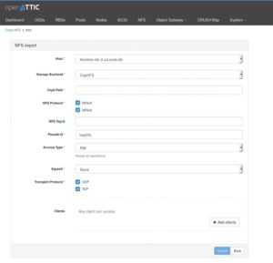 Abbildung 3: Den Export für NFS auf Basis eines Ceph-FS-Dateisystems legt der Admin in Open Attic bequem per GUI an.