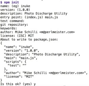 Abbildung 2: &raquo;npm init&laquo; legt als Grundger&uuml;st f&uuml;r die I-Nuke-Applikation die Javascript-Datei &raquo;package.js&laquo; an.