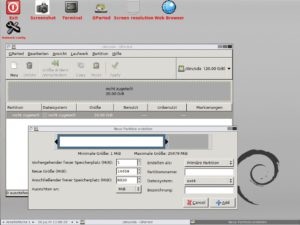 Abbildung 7: Gparted Live legt auf dem Hintergrund des Fluxbox-Schreibtischs wichtige Programmstarter ab.