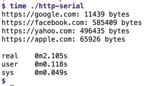 Abbildung 1: Mit hintereinander abgefeuerten Requests holt der Go-Client alle vier URLs in gut zwei Sekunden vom Netz.