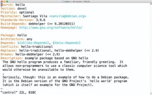 Abbildung 3: Zum Vergleich hier die &raquo;control&laquo;-Datei des Debian-Pakets von GNU Hello, wie sie im offiziellen Debian-Archiv liegt.