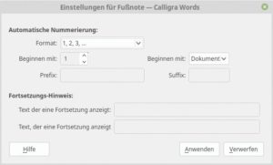 Abbildung 1: Diese Optionen für Fußnoten stecken in Calligra Words.