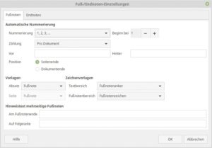 Abbildung 4: Einstellungen für Fuß- und Endnoten in Libre Office.