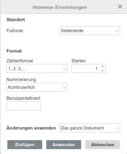 Abbildung 6: Desktop Editors bietet nur wenige Einstelloptionen für Fußnoten.