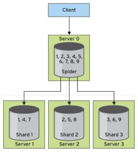 Abbildung 3: Die Spider Storage Engine verteilt Daten &uuml;ber verschiedene Instanzen, bietet sie gegen&uuml;ber dem Client aber als Einheit an.