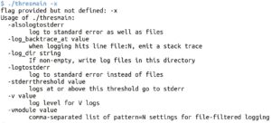 Abbildung 3: Mit ung&uuml;ltigen Parametern aufgerufen, druckt das Programm als Hilfestellung die erlaubten Parameter des Logging-Moduls aus und bricht ab.