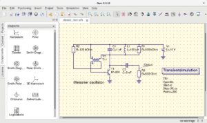 Abbildung 2: Klassischer Meißner-Oszillator in Qucs mit Messpunkt und platzierter Transienten-Simulation.