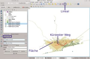 Abbildung 5: Qgis ermittelt den kürzesten Weg und berechnet den Flächeninhalt in einer Karte.