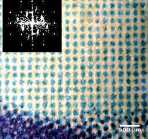 Abbildung 10: Druckrasterpunkte eines Farbdrucks in einer Zeitschrift, oben links die Fourier-Transformation.