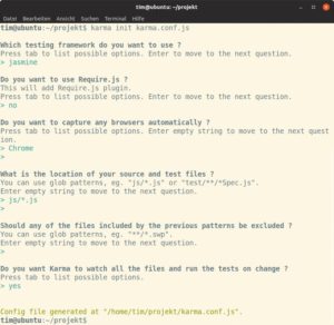 Abbildung 1: In diesem Fall wird Karma das Jasmine-Framework verwenden, die Tests (nur) in Chrome ausführen, dabei alle Javascript-Dateien aus dem Ordner »js« einbinden und diese stetig auf Veränderungen überwachen.