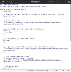 Abbildung 2: Die Konfigurationsdatei nutzt Javascript-Code, den Karma bei seinem Start lädt. Sie listet zum Beispiel jene Dateien auf, die der Browser für seine Tests später laden muss.