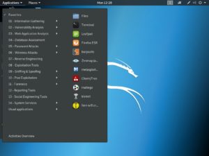 Abbildung 2: Kali Linux nutzt einen Gnome-Desktop, der unter »Applications« alle mitgelieferten Tools thematisch in Gruppen zusammenfasst.