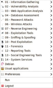 Abbildung 2: Nicht lange schnacken: Das Kali-Linux-Menü kommt gleich zur Sache und listet alle Tools übersichtlich auf.