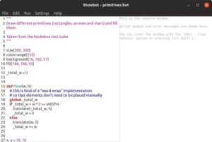 Abbildung 1: Hier zeigt der Editor das mitgelieferte Beispielskript »primitives.bot« aus dem Verzeichnis »examples/basic«. Es zeichnet in einem Fenster mehrere geometrische Grundformen.