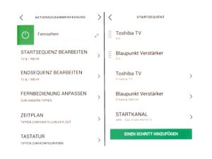 Abbildung 1: Zwei Screens der Harmony-App zur Definition einer Startsequenz für Fernseher und Blaupunkt Soundbar.