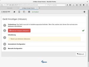 Abbildung 4: Zum Anlernen neuer Z-Wave-Geräte setzt man diese in den Verbindungsmodus und startet die Inklusionsfunktion der Z-Way-Oberfläche.