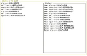 Abbildung 1: Die linke Spalte der Terminal-UI zeigt aktive Docker-Container, die rechte den zeitlichen Verlauf gefundener und verlorener Container.