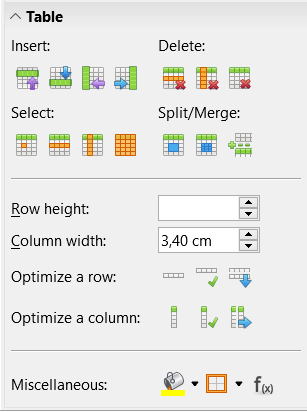 Tabellensektion in der Sidebar von Writer. 