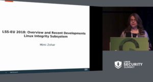 <a href="#artRef-f1">Abbildung 1</a>: Mimi Zohar hält auf dem Linux Security Summit Europe 2018 einen Vortrag über das Integrity-Subsystem im Linux-Kernel. Quelle: Linux-Foundation 2018, CC-BY 2.0