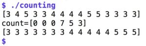 <a href="#artRef-f2">Abbildung 2</a>: Die drei Stufen des Countingsort: Histogramm, Indexberechnung, Endresultat.