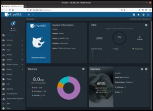 <a href="#artRef-f3">Abbildung 3</a>: Bei FreeNAS fasst eine als Dashboard bezeichnete Einstiegsseite wichtige aktuelle Kenngrößen zusammen. Die Kästen kann der Admin jedoch nicht anders anordnen oder anpassen.