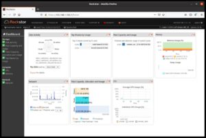 <a href="#artRef-f7">Abbildung 7</a>: Auch Rockstor bietet ein Dashboard an, das wichtige Statistiken auf einen Blick zeigt. Für jede Statistik steht ein Widget bereit, das der Admin an eine andere Position setzen, ausblenden und eine Stufe vergrößern kann.