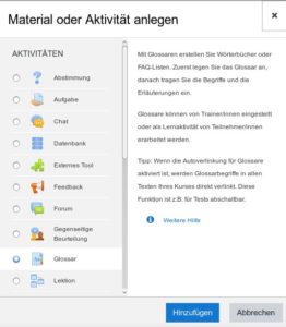 Abbildung 5: Moodle lässt sich über Aktivitäten funktional erweitern.