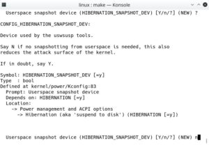 Abbildung 2: Ein Durchlauf von »make oldconfig« für Linux 5.8-rc2 offenbart eine neue Option für die Gerätedatei, um das System über Userspace-Werkzeuge in den Ruhezustand zu versetzen. Auch ohne diese Gerätedatei funktioniert der rein Kernel-basierte Weg dafür jedoch.