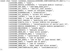 Abbildung 3: In der Datei &raquo;security.c&laquo; des Linux-Kernels findet sich eine &Uuml;bersicht aller Funktionen, die beim aktivierten Lockdown-Kernel greifen.